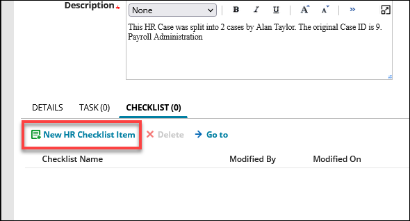To add an HR checklist to a case, select New HR Checklist Item.